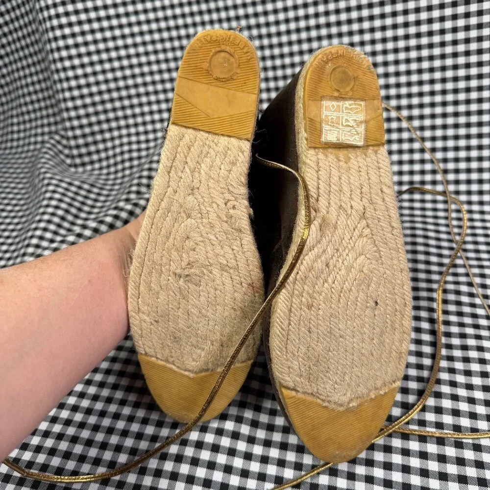 Tory Burch Velvet Espadrille Wedge Heels Brown Gold Lace Up Size 6.5